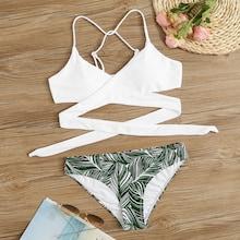 Romwe Criss Cross Wrap Top With Random Leaf Print Bikini