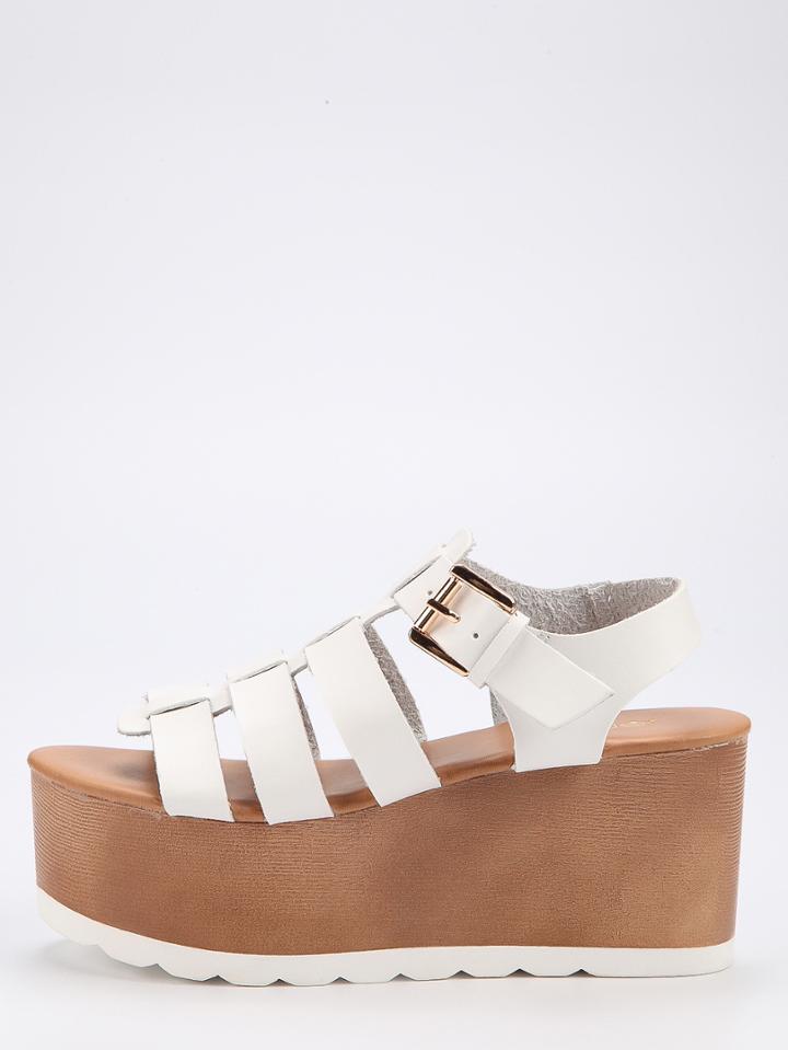 Romwe Caged Ankle Strap Platfom Wedges- White