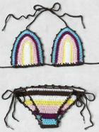 Romwe Striped Pattern Crochet Bikini Set
