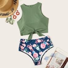 Romwe Knot Hem Top With Random Floral Tankini Set