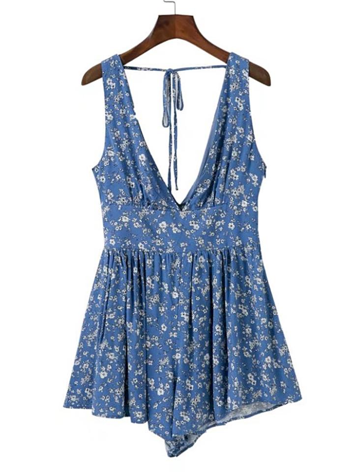Romwe Double V Neck Shirred Waist Tie Back Playsuit