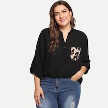 Romwe Plus Pocket Patched Roll Tab Sleeve Top