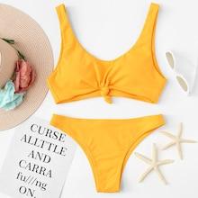 Romwe Knot Front Top With Seam Trim Bikini Set