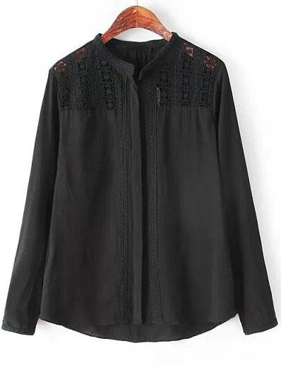 Romwe Black Long Sleeve Lace Blouse