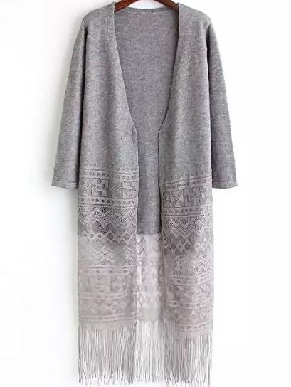 Romwe Lace Insert Tassel Long Grey Coat