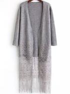 Romwe Lace Insert Tassel Long Grey Coat