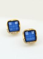 Romwe Blue Gemstone Gold Square Stud Earrings