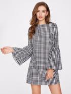 Romwe Exaggerate Bell Sleeve Gingham Dress
