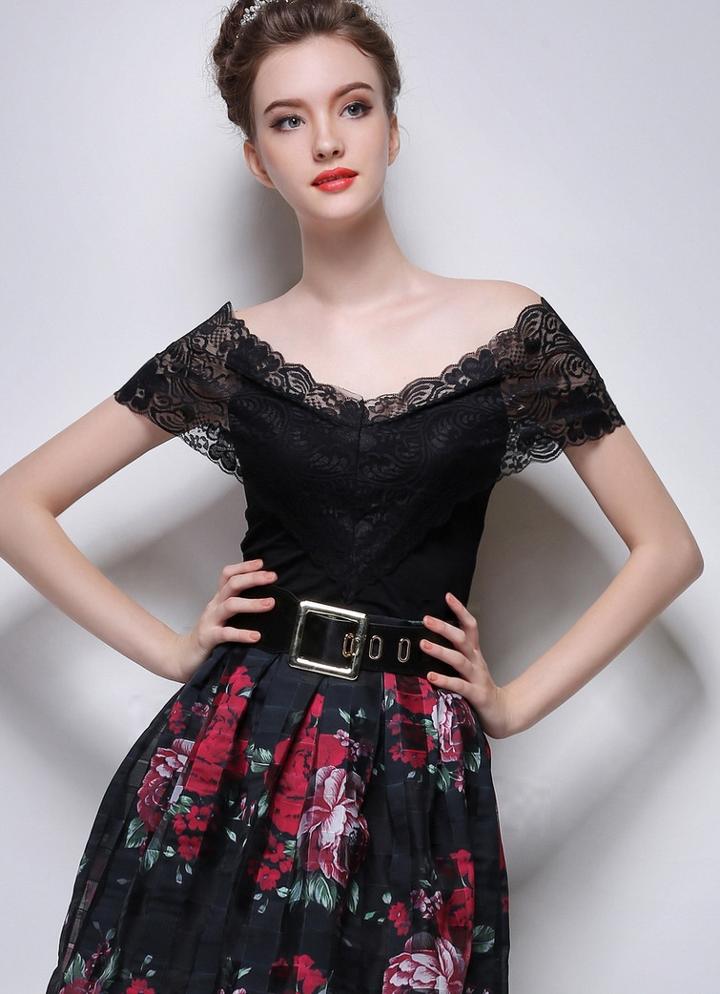 Romwe Off The Shoulder Lace Insert Slim Black Top