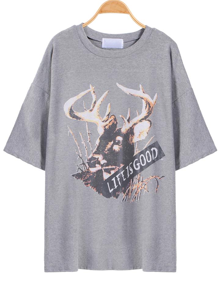 Romwe Deer Print Loose Grey T-shirt