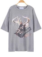Romwe Deer Print Loose Grey T-shirt