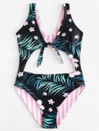 Romwe Cut Out Detail Tropical Swimsuit