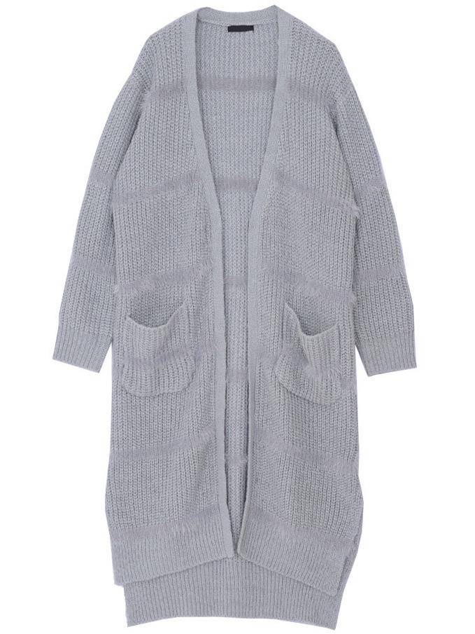 Romwe Striped Slit Pockets Long Grey Coat