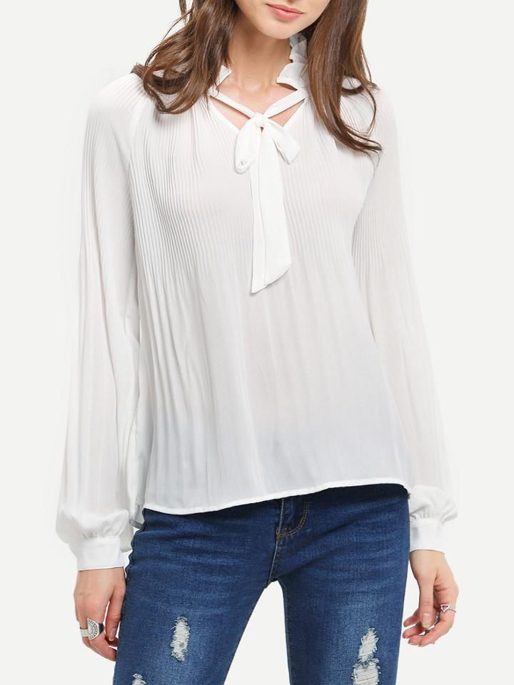 Romwe White Ruffle Tie Neck Blouse