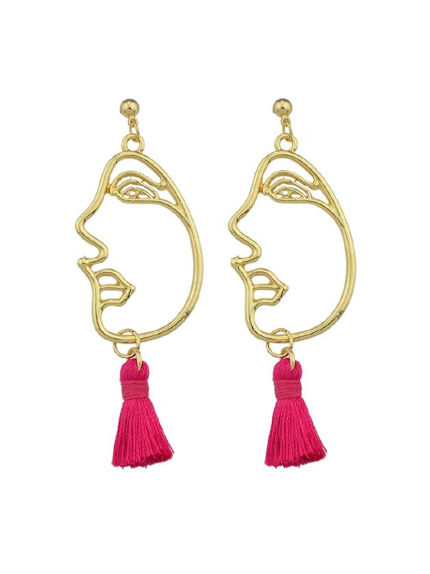 Romwe Hotpink Abstract Face Fringed Earrings