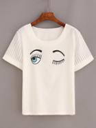 Romwe Eye Print Striped Mesh Sleeve T-shirt - White