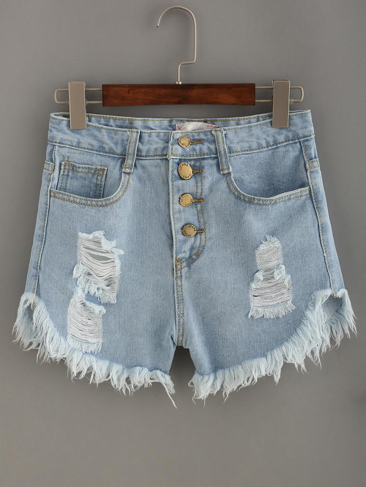 Romwe Frayed Buttoned Fly Denim Shorts