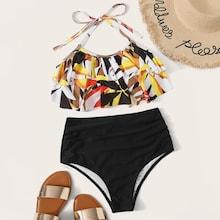 Romwe Random Graphic Layered Ruffle Top With Ruched Bikini Set