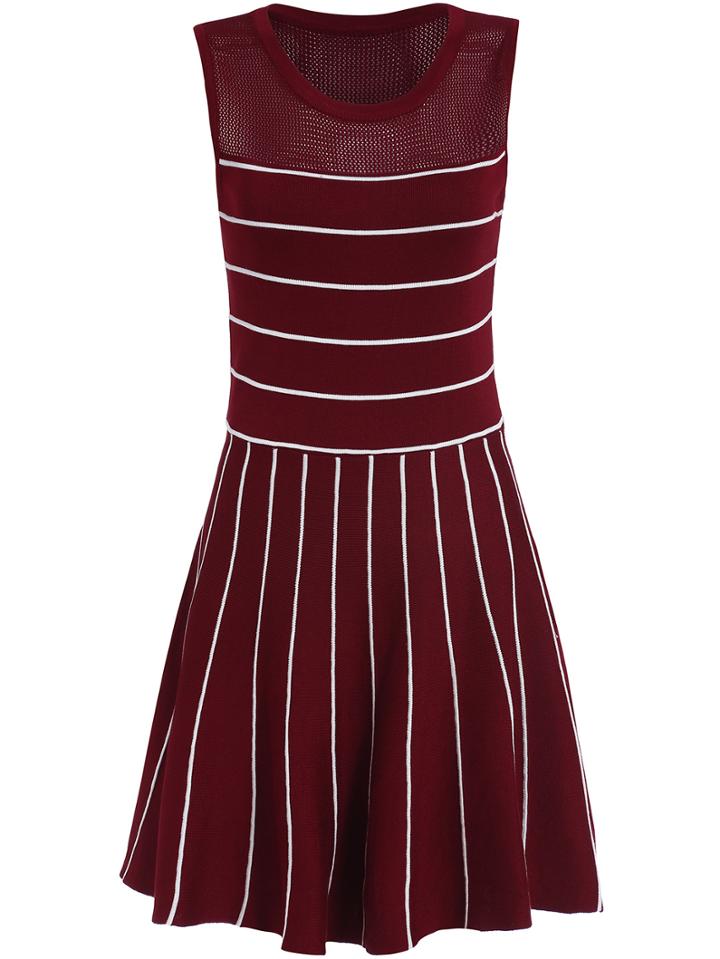 Romwe Sleeveless Striped Knit Flare Dress