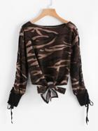 Romwe Camo Print Eyelet Lace Up Sleeve Knot Sweatshirt