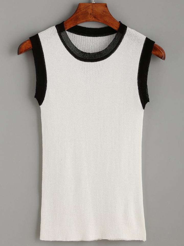 Romwe White Contrast Trim Knit Top