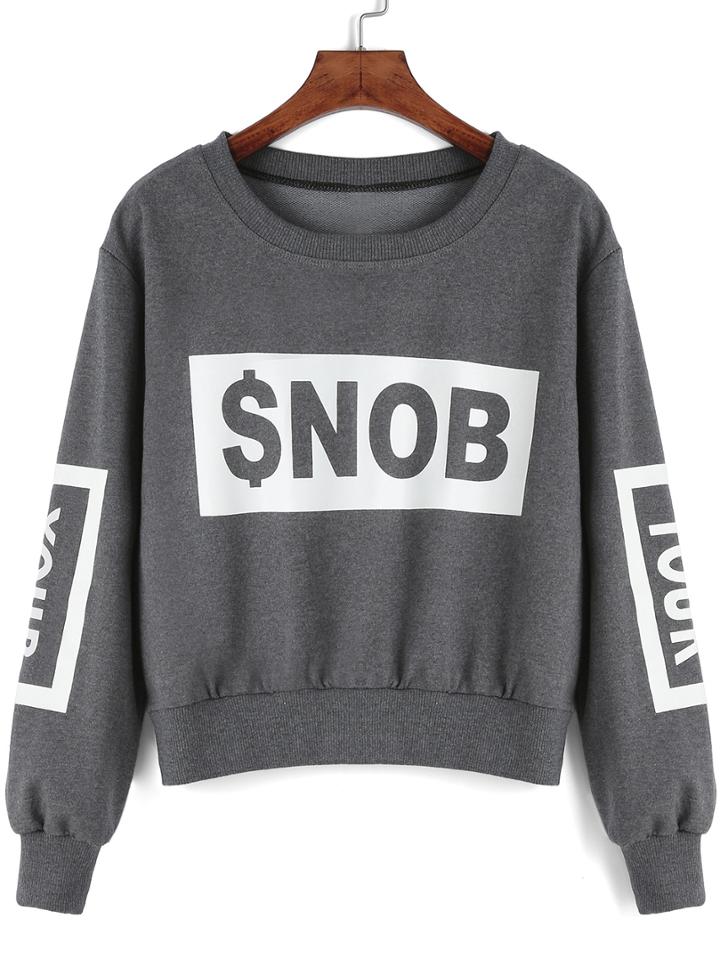 Romwe Letter Print Grey Sweatshirt