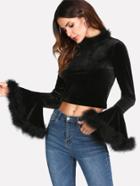 Romwe Faux Feather Detail Crop Velvet Tee