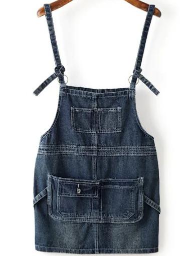 Romwe Multi-pocketed Adjustable Strap Denim Pinafore Dress