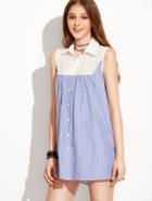 Romwe Blue Striped Contrast Eyelet Yoke Shirt Dress