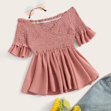 Romwe Crossover Shirred Off The Shoulder Blouse