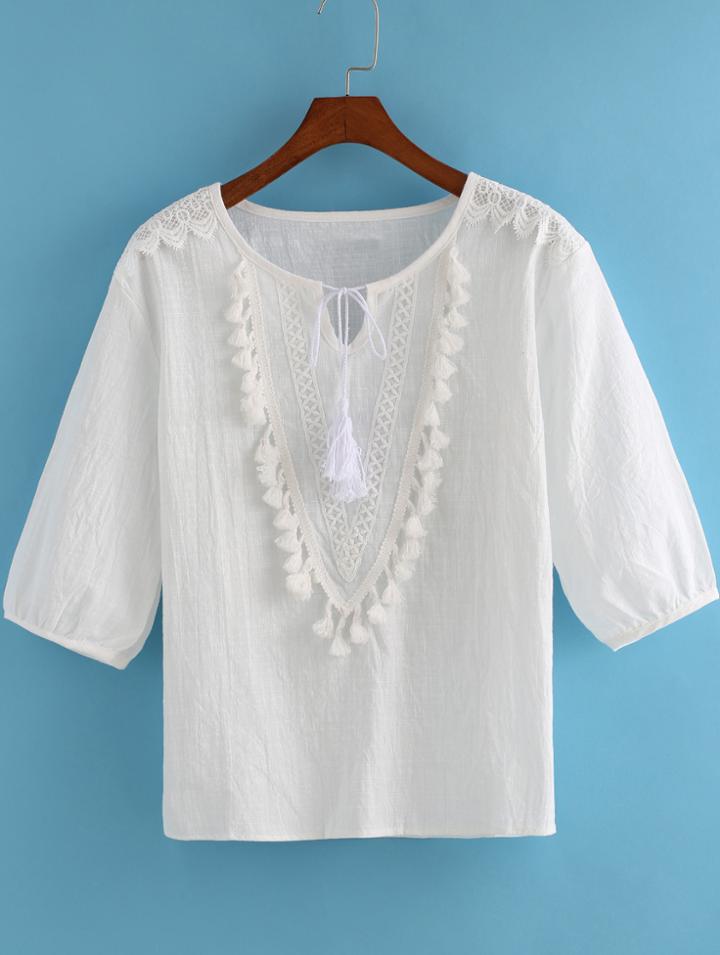 Romwe With Tassel Lace Insert T-shirt