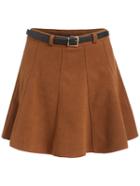 Romwe Flare Khaki Skirt With Belt