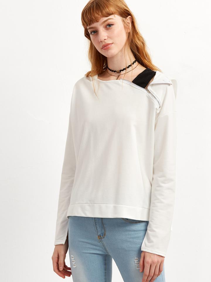 Romwe White Hooded Zipper Sweatshirt