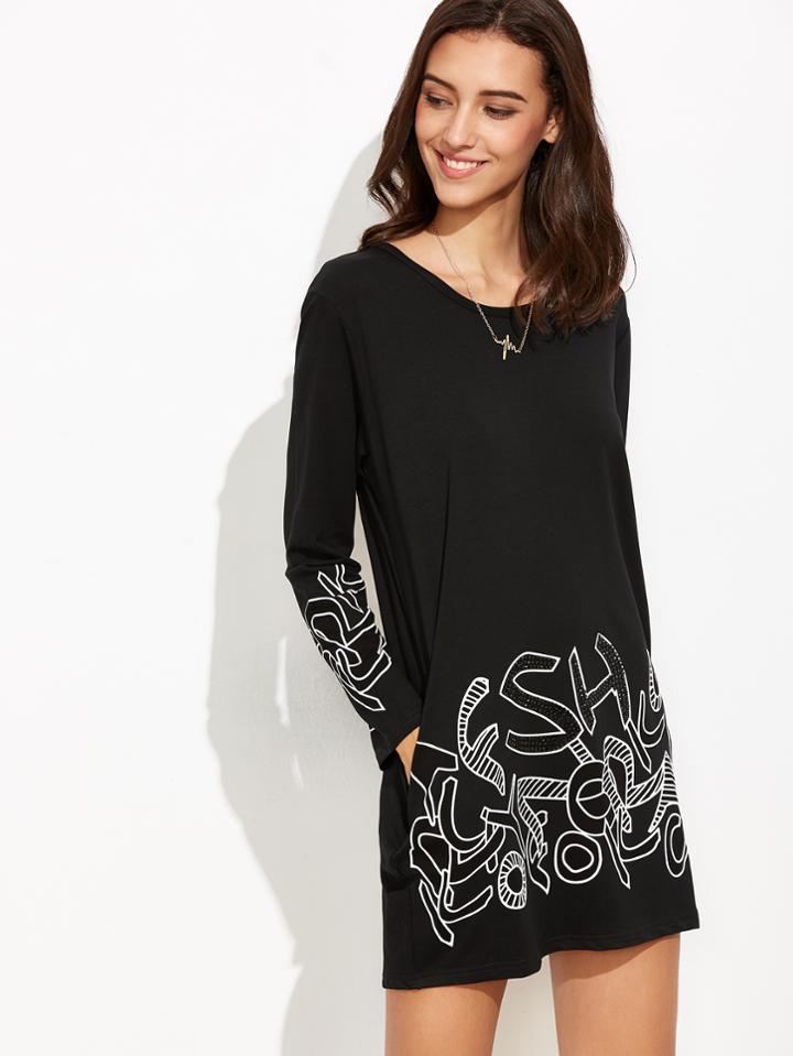 Romwe Black Letters Print Rhinestone Shift Dress