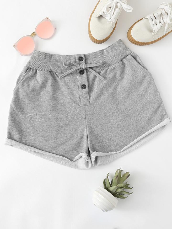 Romwe Button Detail Drawstring Waist Cuffed Shorts