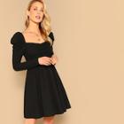 Romwe Puff Sleeve Sweetheart Ruched Fit & Flare Dress