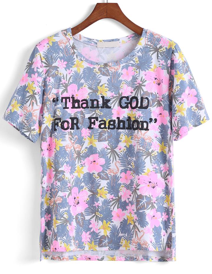 Romwe Dip Hem Tropicals Print T-shirt