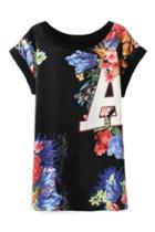 Romwe Letters & Flowers Print Round Neck Short Sleeves T-shirt