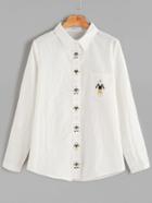 Romwe Beige Embroidered Pockets Button Shirt