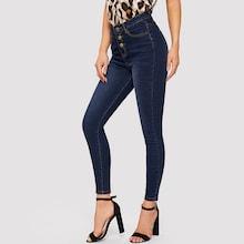Romwe Dark Wash Buttoned Skinny Jeans