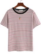 Romwe Red Striped Carrot Embroidered T-shirt