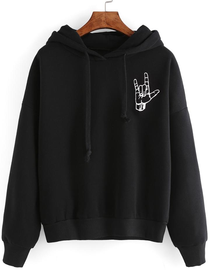 Romwe Black Gesture Print Drop Shoulder Hooded Sweatshirt