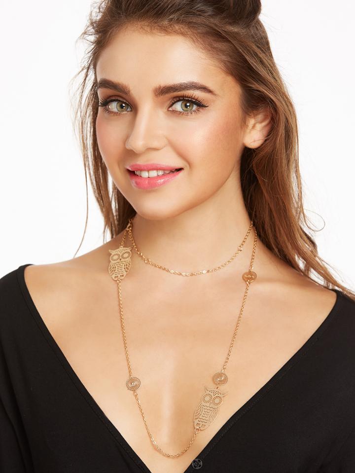 Romwe Gold Tone Embellished Double Layer Link Necklace
