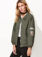 Romwe Army Green Drop Shoulder Embroidered Patches Jacket