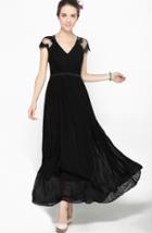 Romwe Black V-neck Lace Cap Sleeve Beading Pleated Long Chiffon Dress