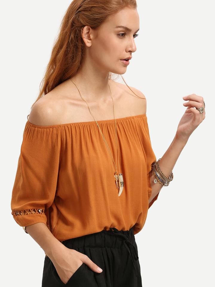 Romwe Brown Eyelet Lace Insert Off The Shoulder Top