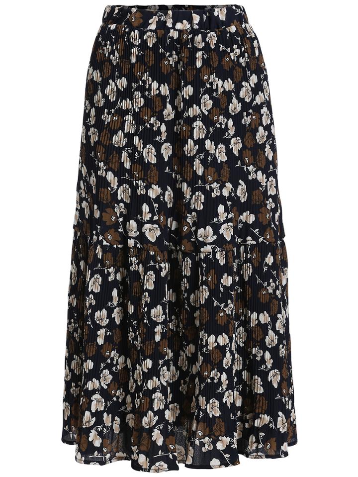 Romwe Elastic Waist Florals Pleated Skirt