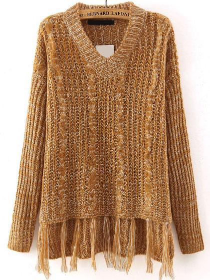 Romwe V Neck Tassel Khaki Sweater