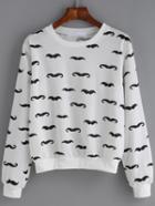Romwe Moustache Print Loose White Sweatshirt