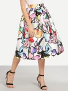 Romwe Multicolor Branch Print Box Pleated Midi Skirt
